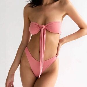 437 Active Swimwear Womens Pink Tie-Front Bandeau Bikini Set Small